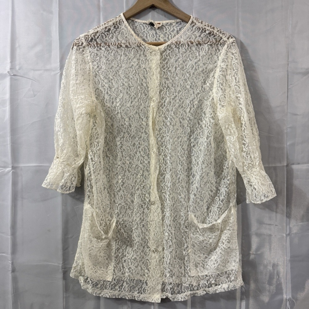 Vtg 60s Miami Originals Lace Jacket Sheer M/L Ivory‎ Boho Fairycore Prairie